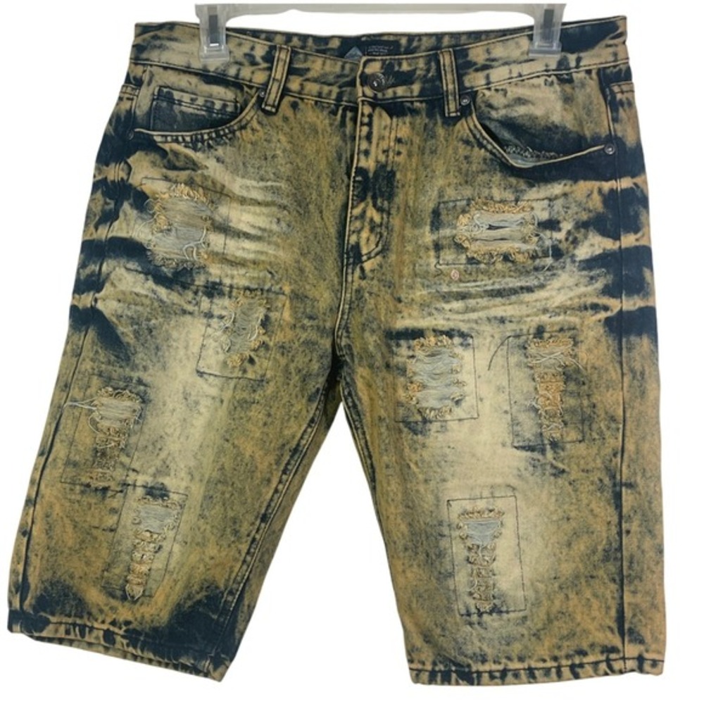 Road Narrows 36 Acid Wash Distressed Denim Shorts‎ Yellow Tint Blue grunge rock